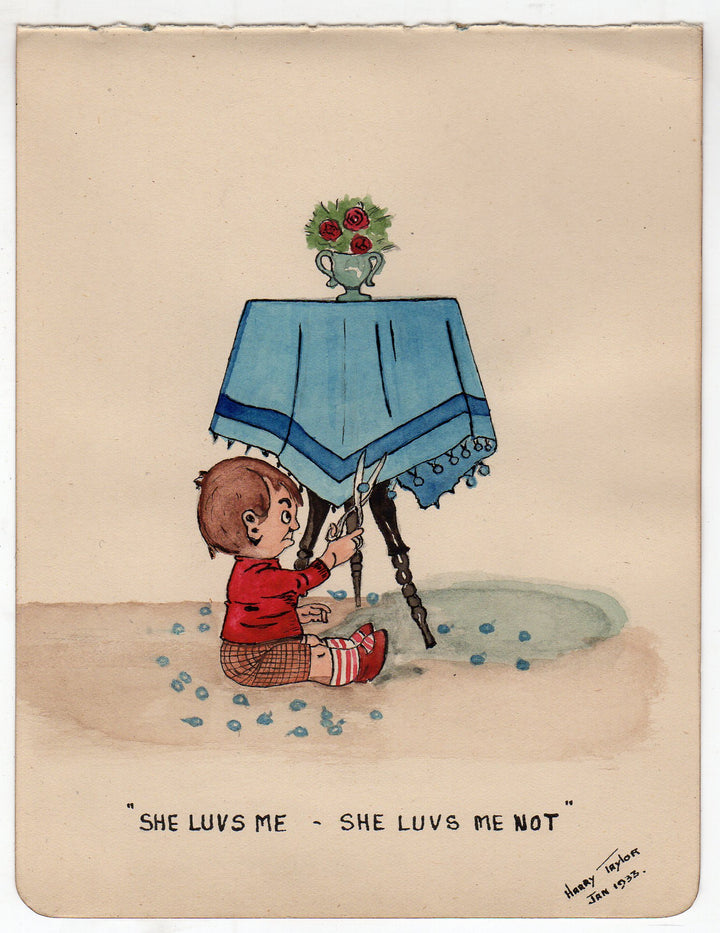 Young Love Humor Original Antique Watercolor Painting Bad Boy Cartoon 1933