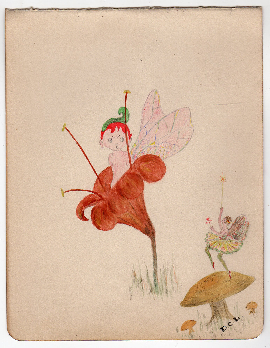 Fairytale Sprites and Fairies Original Antique Painted Fantasy Drawing 1920s