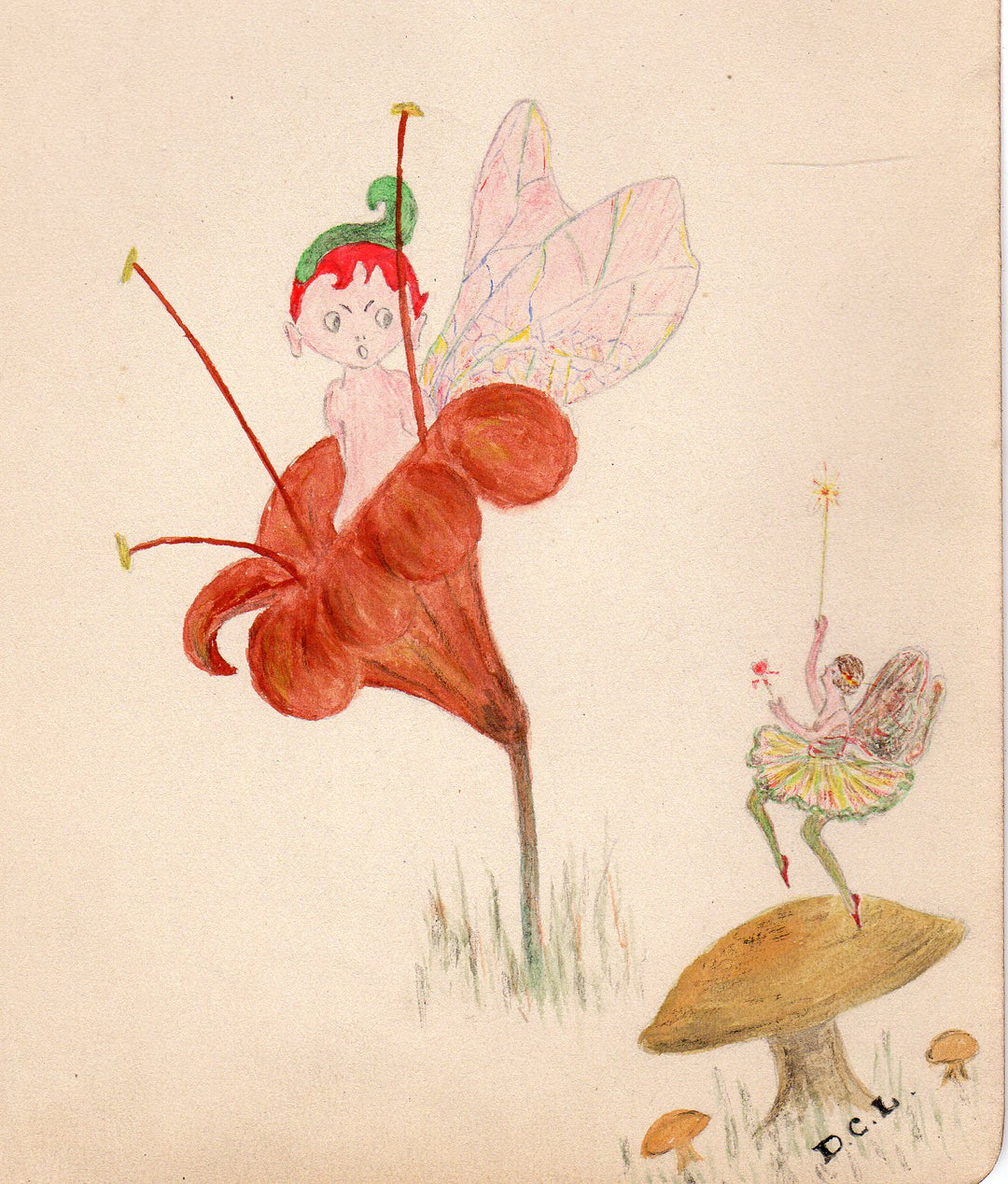 Fairytale Sprites and Fairies Original Antique Painted Fantasy Drawing 1920s