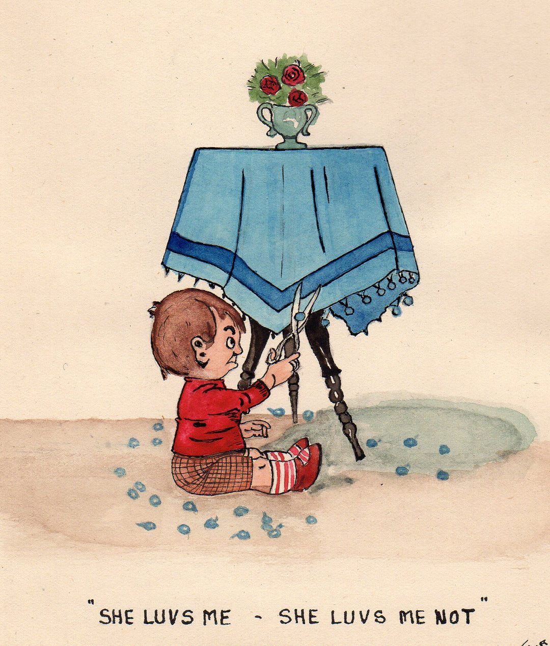 Young Love Humor Original Antique Watercolor Painting Bad Boy Cartoon 1933
