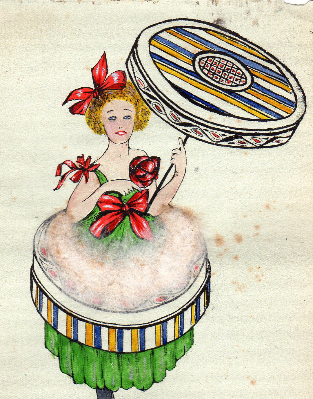 Flapper Makeup Compact Costume Humorous Fashion Antique Watercolor Painting 1923