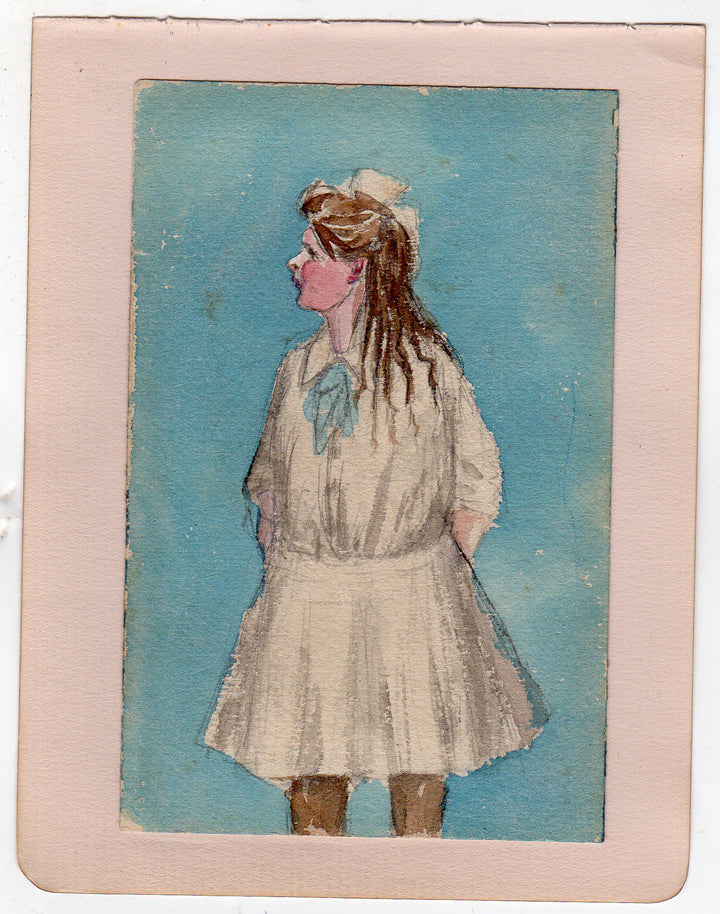 Young Girl in Profile Antique Watercolor Sketch Study Painting Unsigned 1920