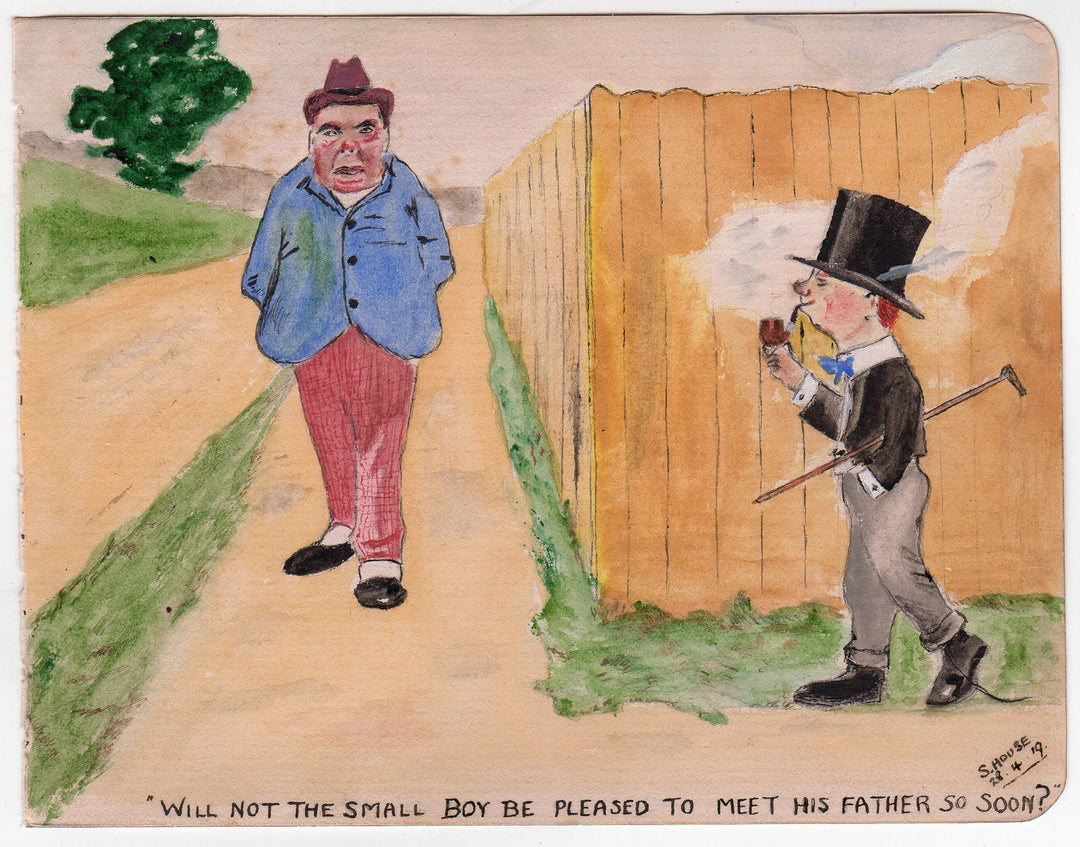 Father and Son Growing Up Humor Original Antique Signed Watercolor Painting 1919