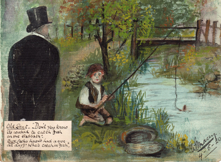 Fishing on the Sabbath Religious Humor Original Signed Antique Painting 1920