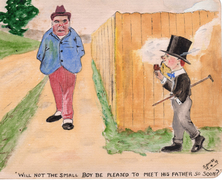 Father and Son Growing Up Humor Original Antique Signed Watercolor Painting 1919
