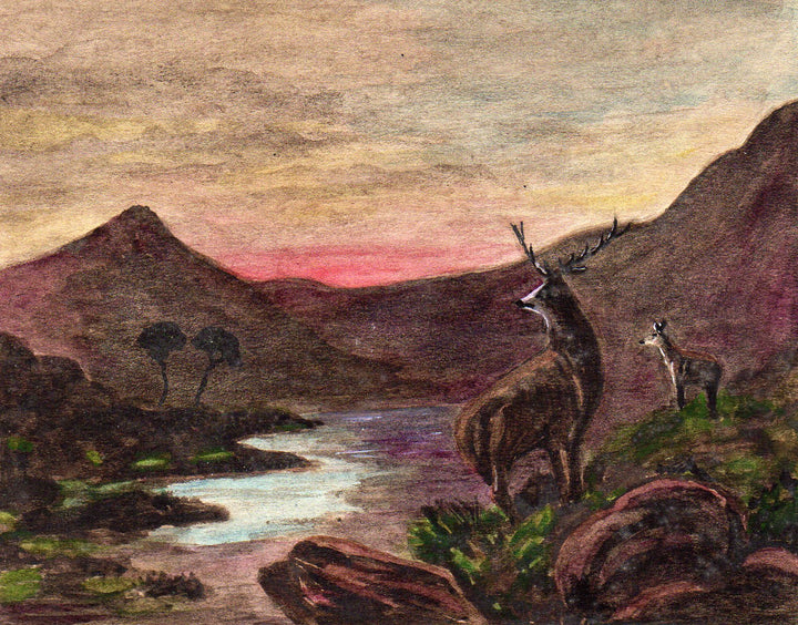 Washington State Deer in Nature Scene Antique Unsigned Watercolor Painting 1920