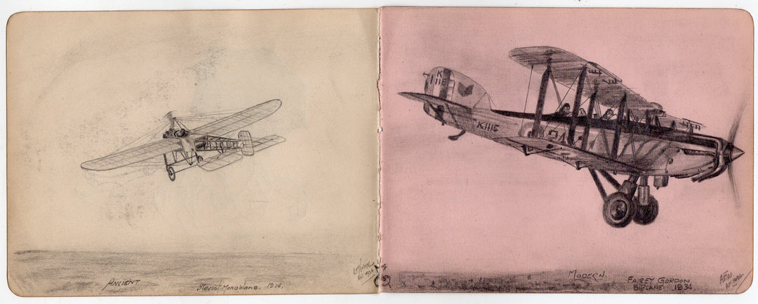 Bleriot Monoplane Fairey Gordon Biplane Aviation History Antique Pencil Sketches