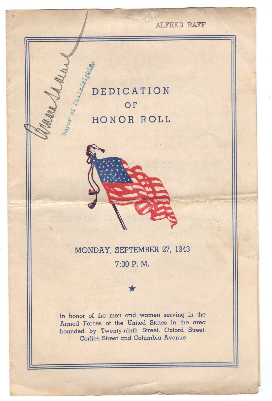 Bernard Samuel Philadelphia Mayor Original Autograph Signed WWII Honors Program 1943
