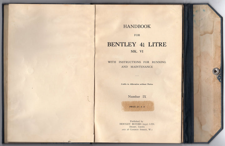 Bentley MK VI Bentley Motors Antique Automobile Car Owner's Manual
