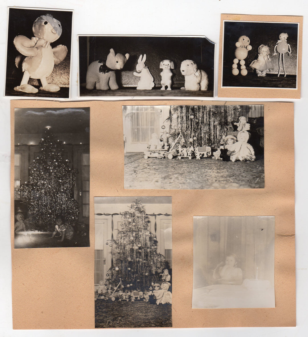 Antique Dolls and Stuffed Animals under the Christmas Tree 1930s Snapshot Photos