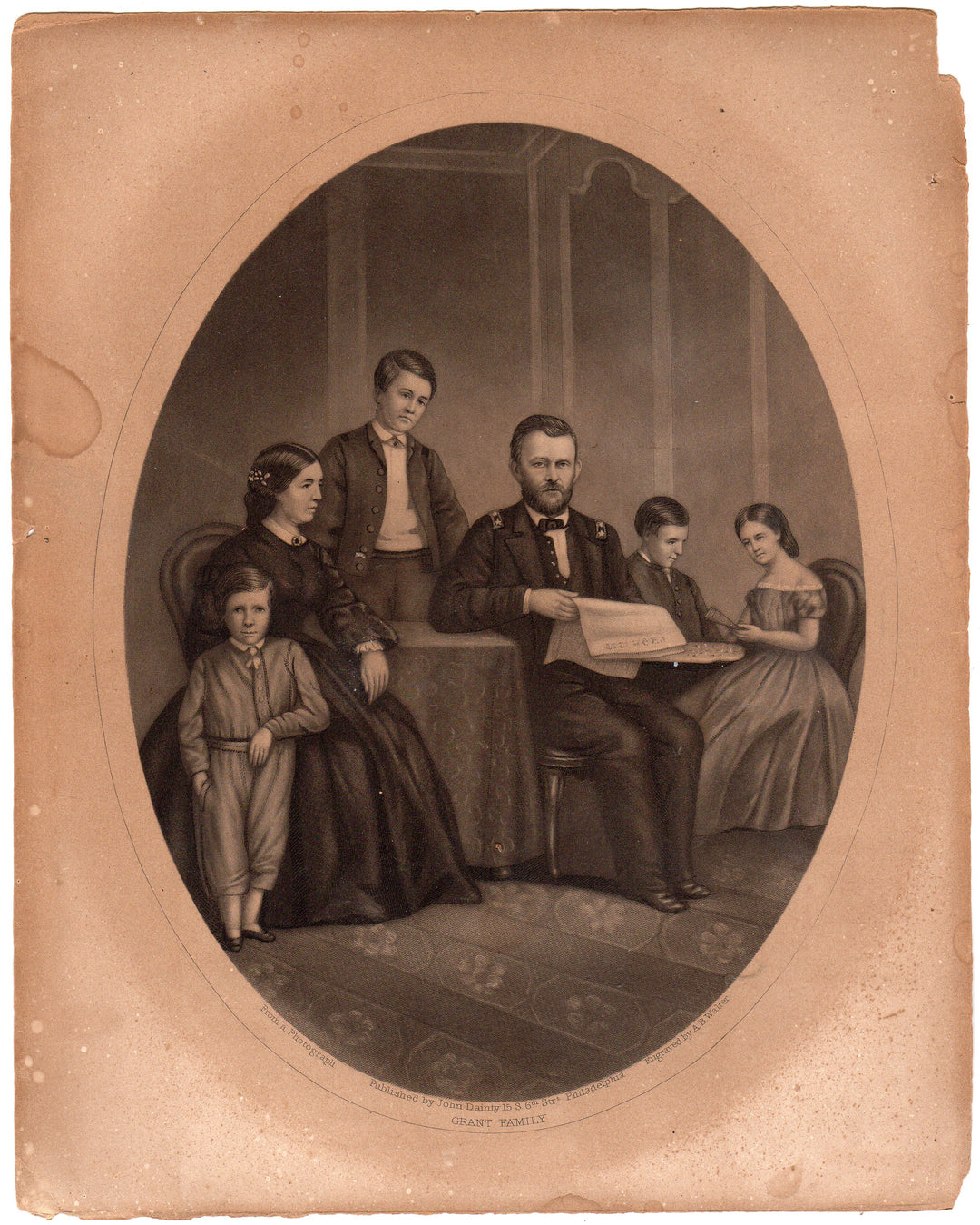 General Ulysses S. Grant Family Antique Graphic Engraving Print circa 1860