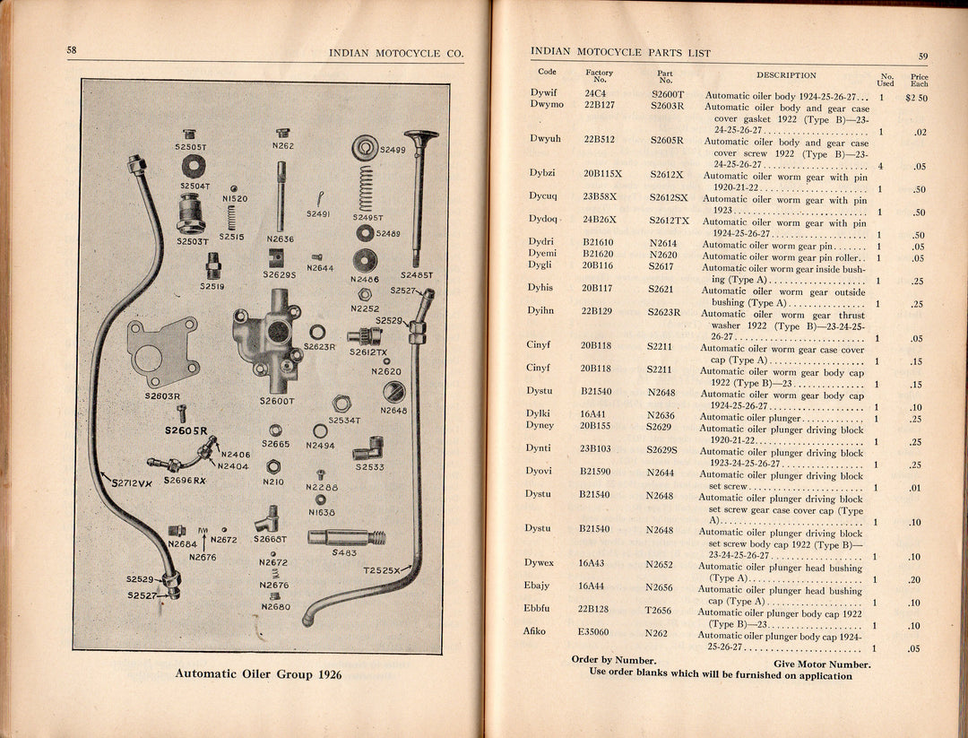 Indian Scout Motorcycles Parts List 1920-1928 Antique Auto Repair Catalog Book