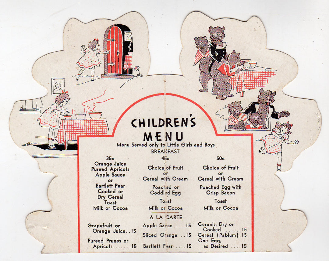 Goldilocks and the Three Bears Antique 1930s Graphic Children's Breakfast Menu