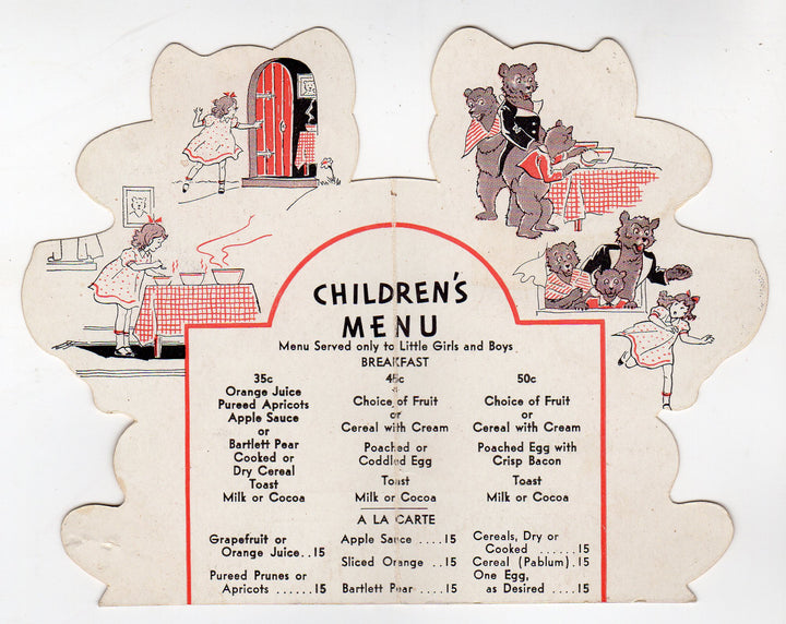 Goldilocks and the Three Bears Antique 1930s Graphic Children's Breakfast Menu