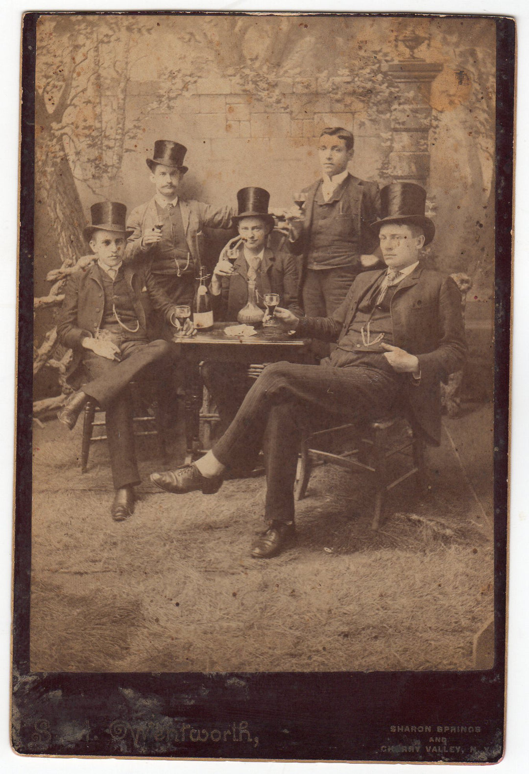 Young Men Drinking & Smoking Antique Cabinet Photo - Sharon Springs, New York