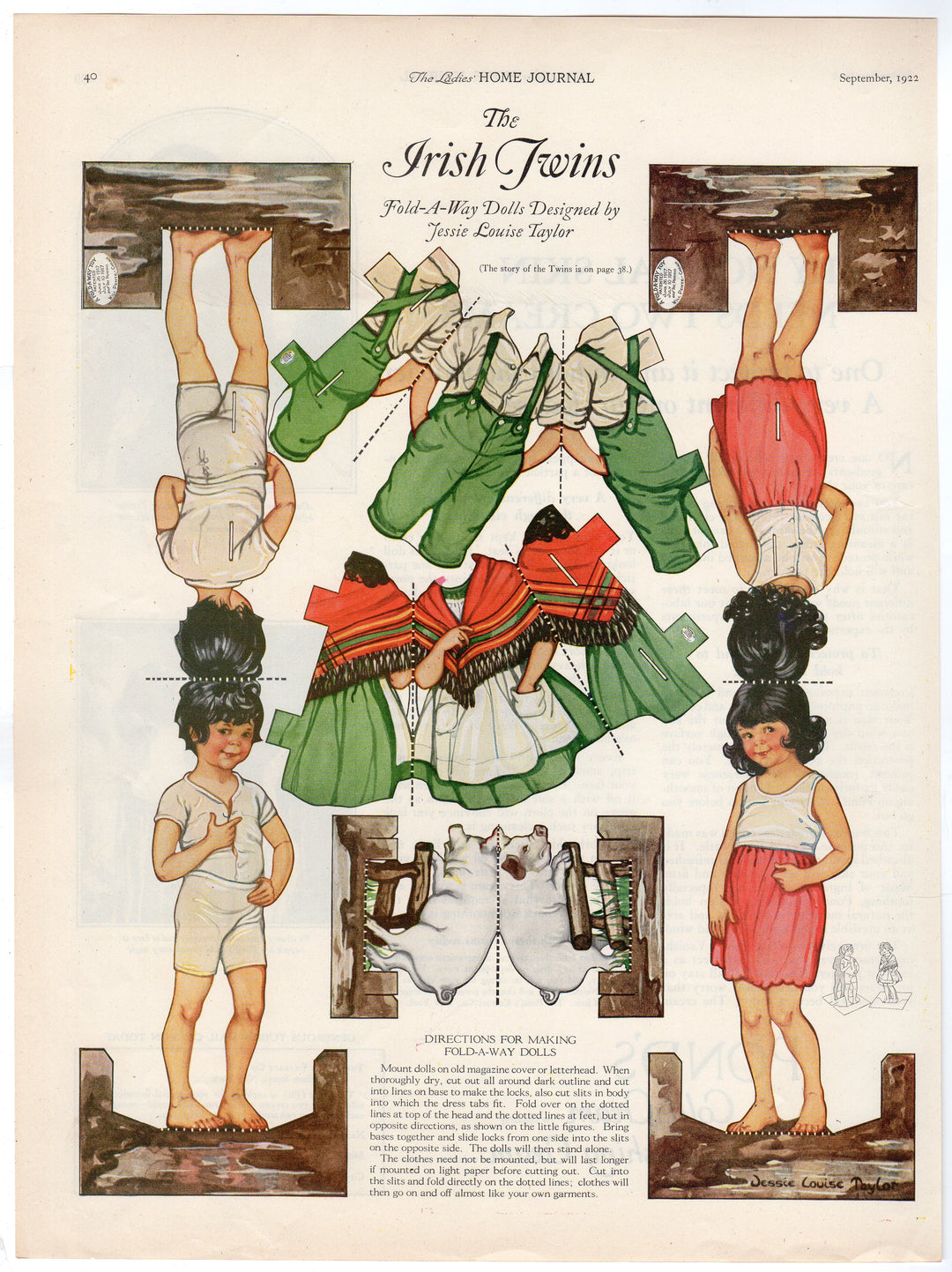 Irish Twins by Jessie Louise Taylor Antique Paper Dolls Magazine Print Play Set