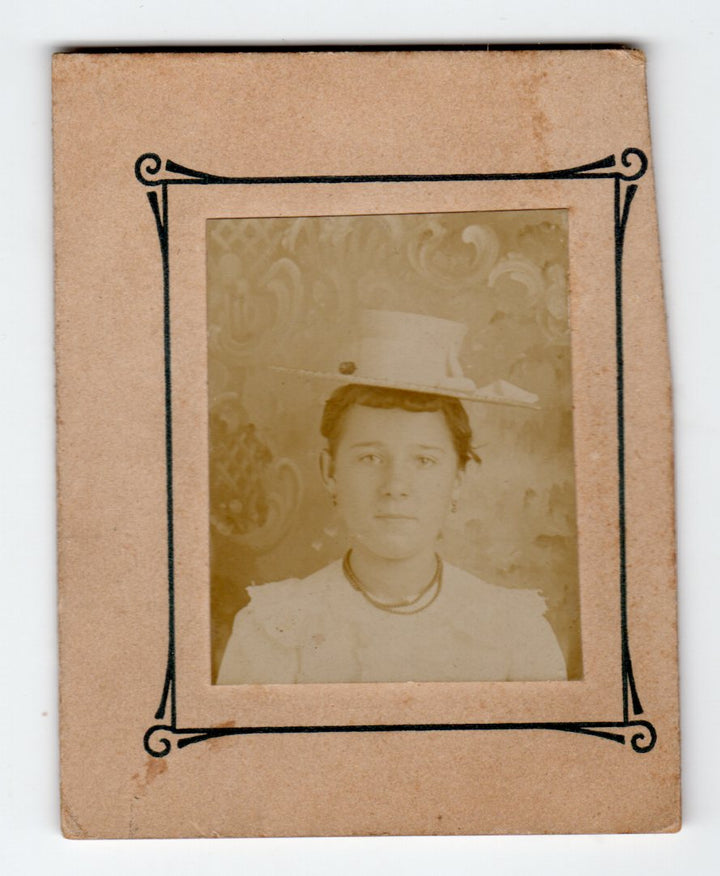 Young Lady in a Lovely Straw Hat Antique Miniature Snapshot Photo on Board