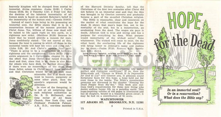 Hope for the Dead Vintage Graphic Jehovah's Witnesses Religious Tract
