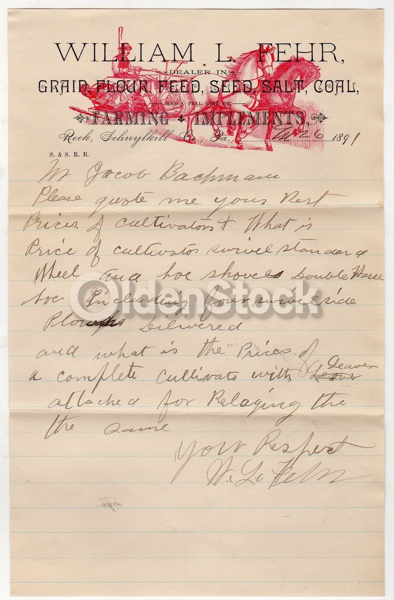 William Fehr Farm Tools Schuylkill PA Antique Graphic Advertising Letterhead