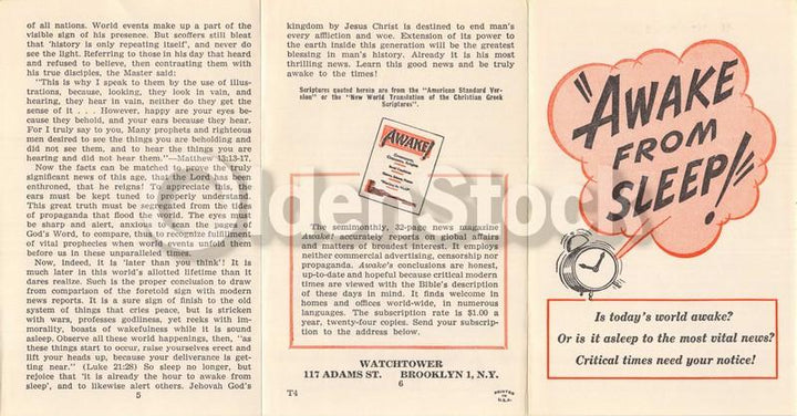 Awake from Sleep End Times Vintage Jehovah's Witnesses Religious Tract