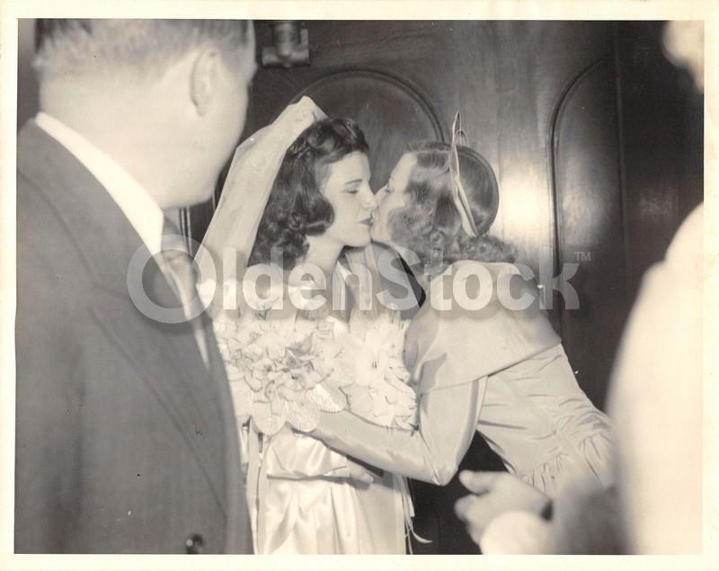 Lovely Young Bride Awkward Kiss from Mom Vintage 1950s Wedding Day Photo