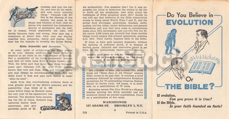 Believe Evolution or the Bible? Vintage Jehovah's Witnesses Religious Tract