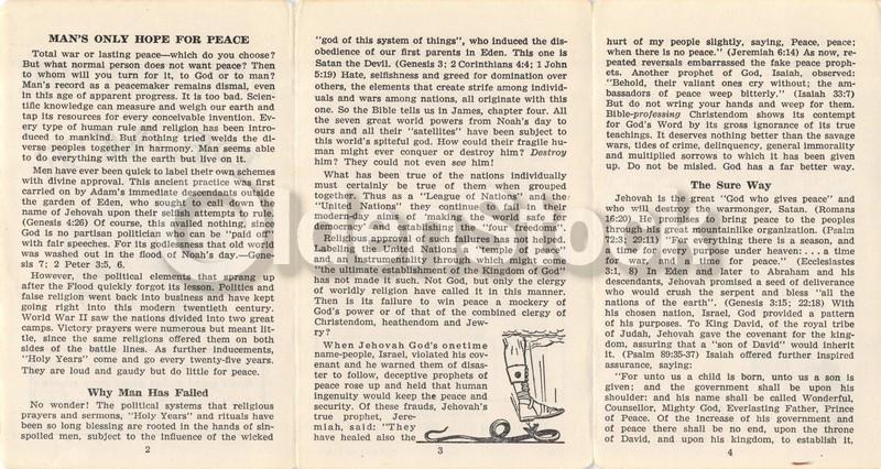God Only Hope for Peace Vintage Jehovah's Witnesses Religious Tract