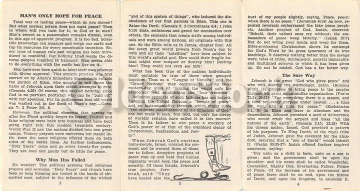 God Only Hope for Peace Vintage Jehovah's Witnesses Religious Tract