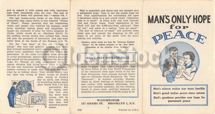 God Only Hope for Peace Vintage Jehovah's Witnesses Religious Tract