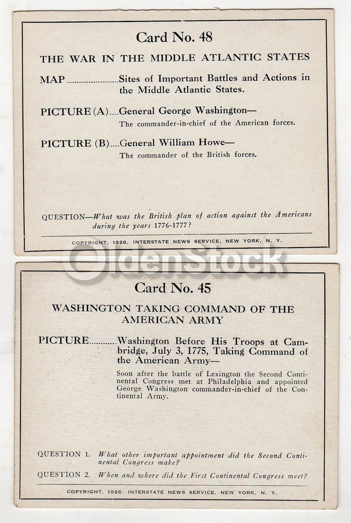 General George Washington Revolutionary War Educational Cards 1926