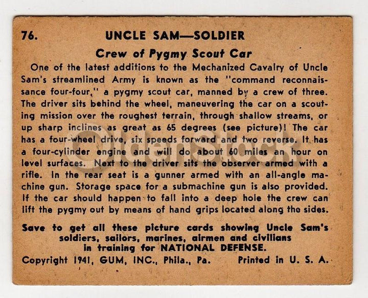 WWII Pygmy Scout Car Vintage Uncle Sam Bubble Gum Card 1941