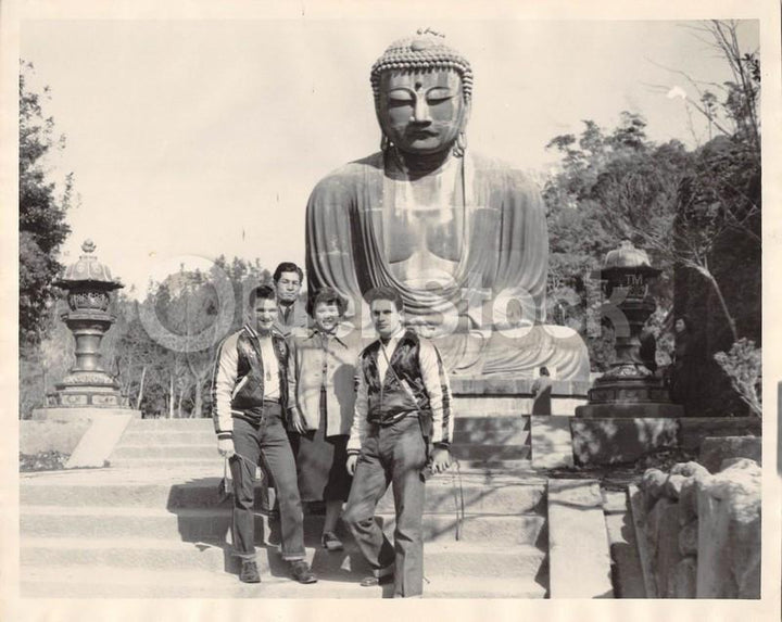 American Soldiers in Japan Post WWII Vintage Photo Posed with Buddha Statue