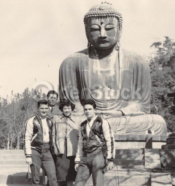 American Soldiers in Japan Post WWII Vintage Photo Posed with Buddha Statue