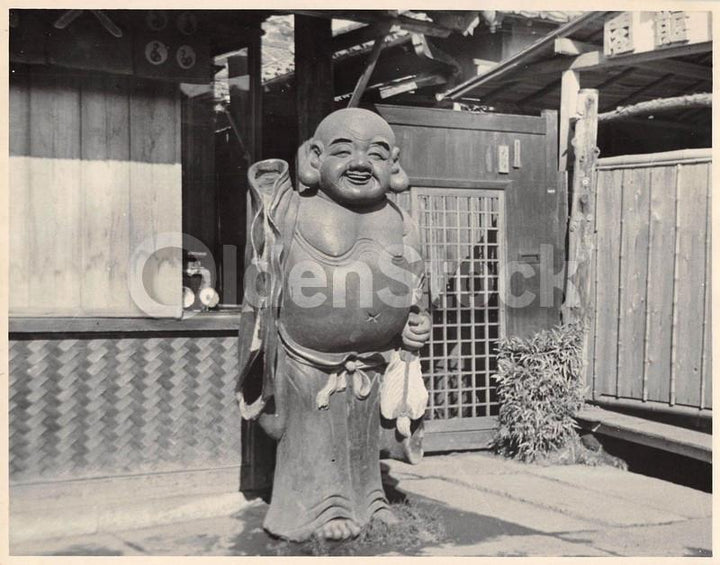 Jovial Japanese Buddha Statue Original Vintage Amateur 8x10 Snapshot Photograph
