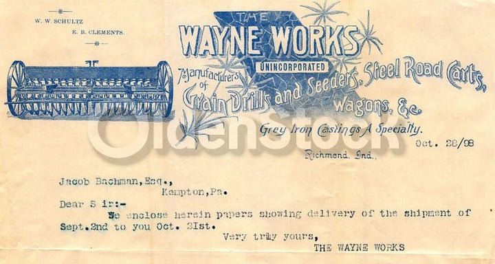Wayne Works Richmond Indiana Farm Machinery Antique Graphic Advertising Sales Le