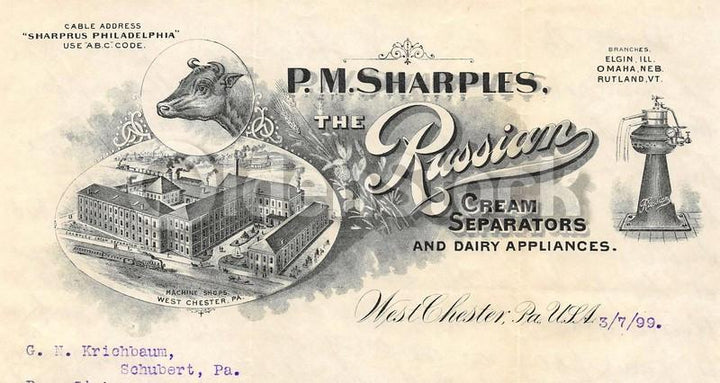 P. M. Sharples Russian Dairy Supply Antique Farm Advertising Letterhead 1899