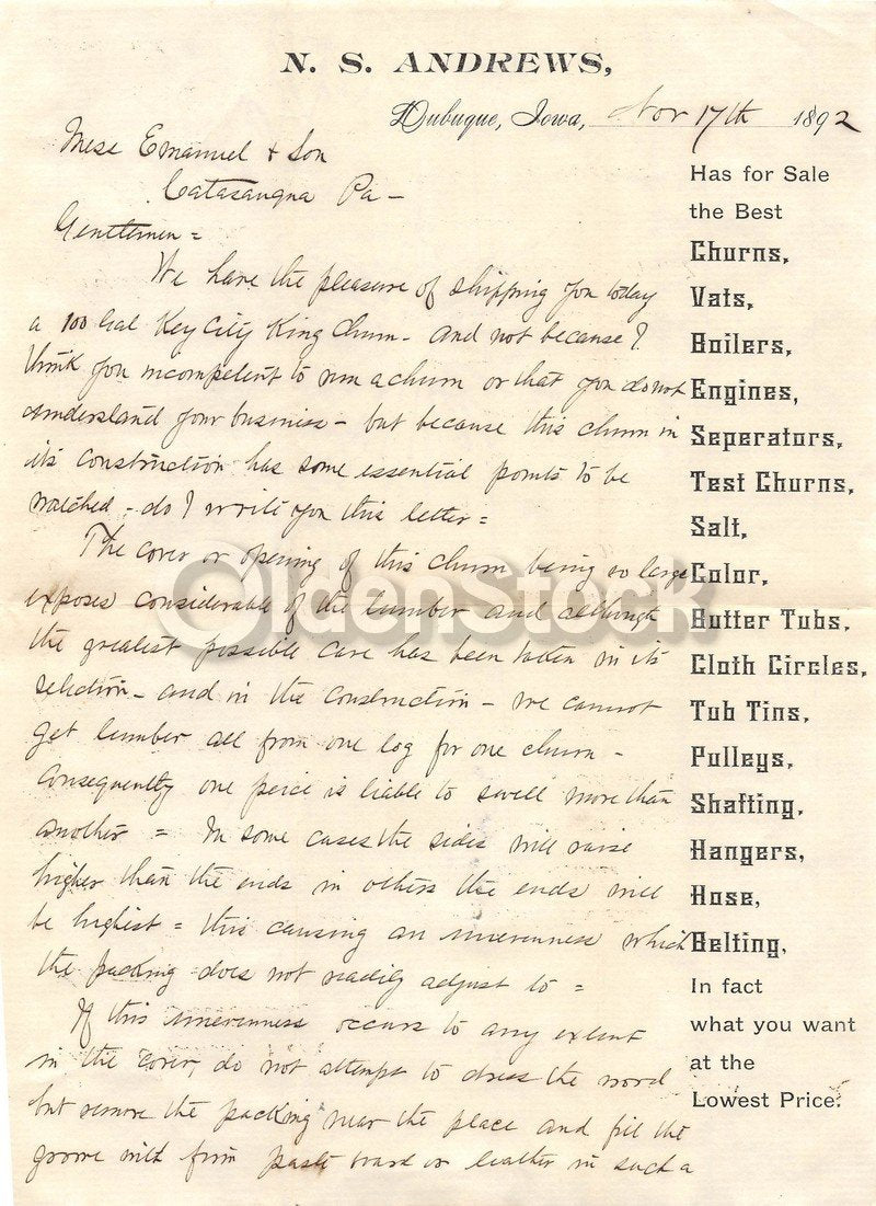N. S. Andrews Dairy Farm Tools Dubuque Iowa Antique Signed Advertising Letter 18