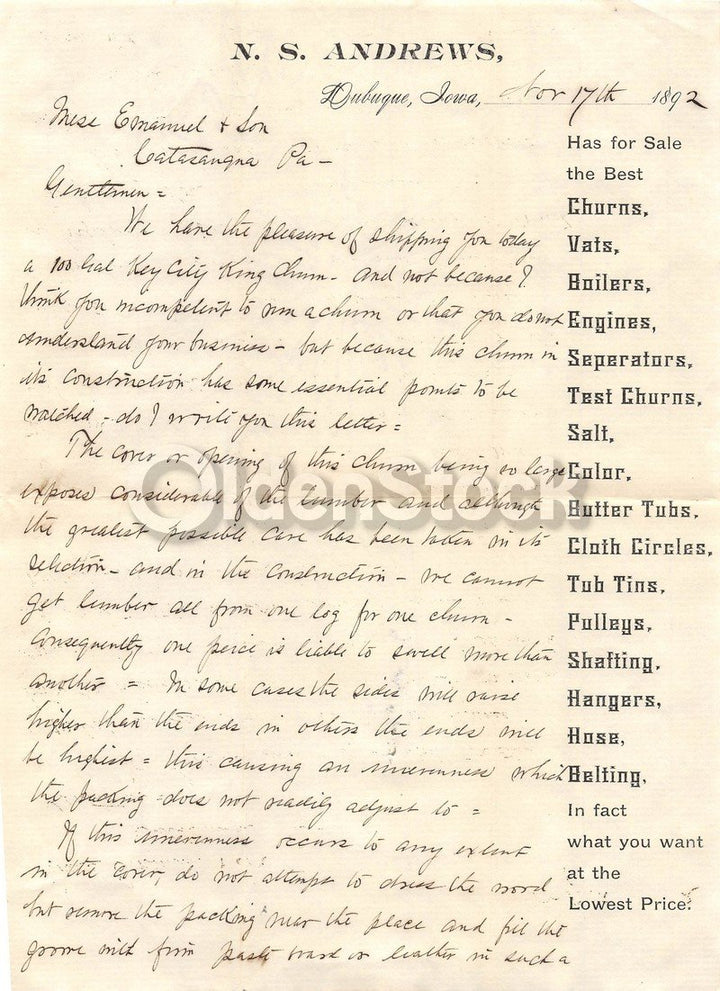 N. S. Andrews Dairy Farm Tools Dubuque Iowa Antique Signed Advertising Letter 18