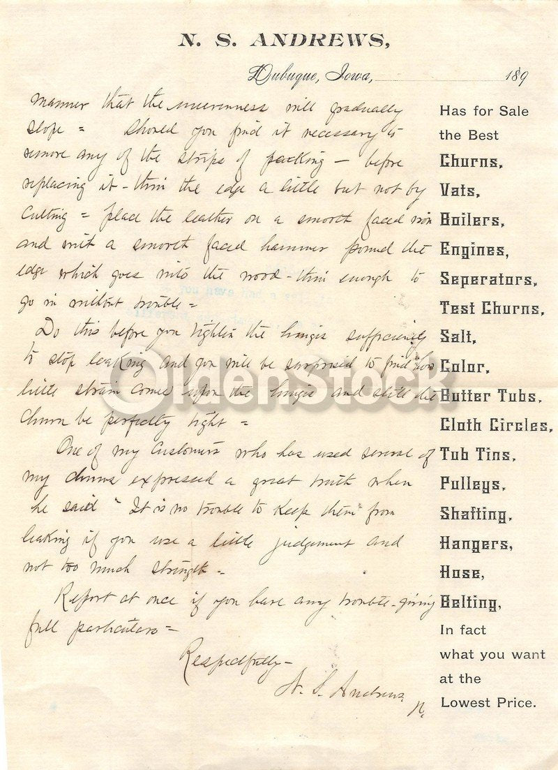 N. S. Andrews Dairy Farm Tools Dubuque Iowa Antique Signed Advertising Letter 18