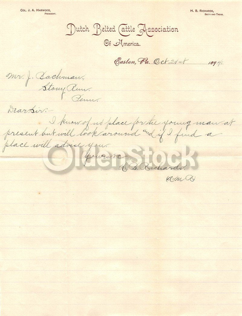 Dutch Belted Cattle Association Antique Autograph Signed Farm Advertising Letter
