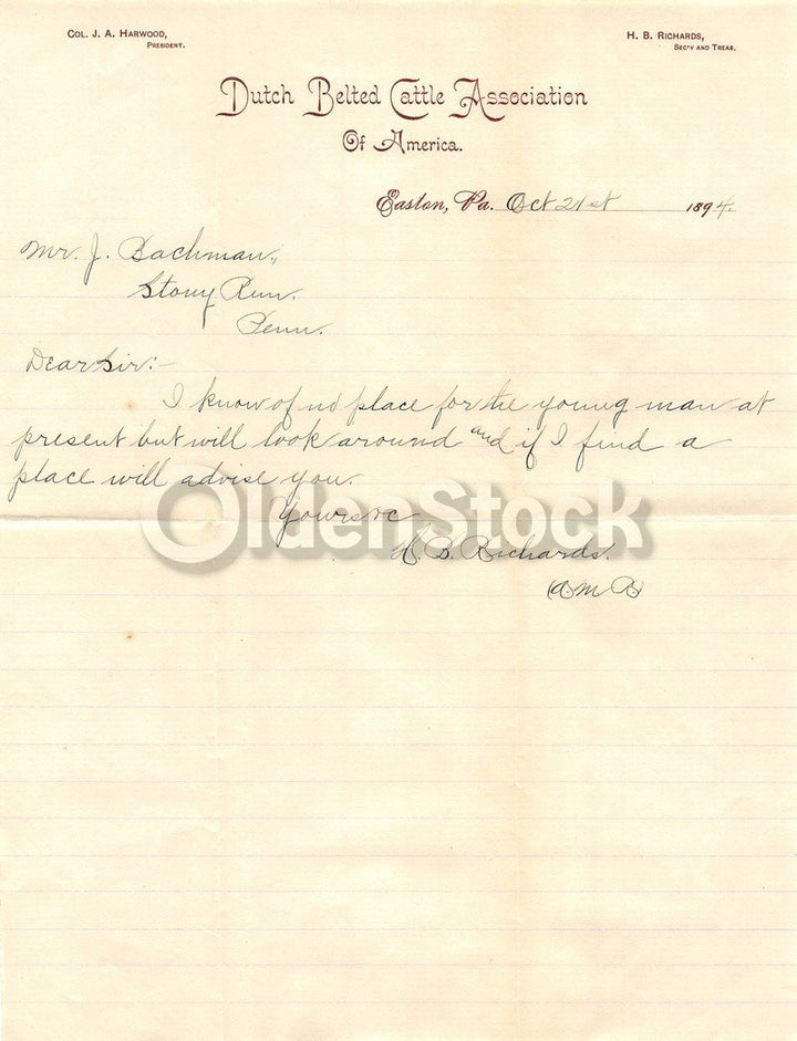 Dutch Belted Cattle Association Antique Autograph Signed Farm Advertising Letter