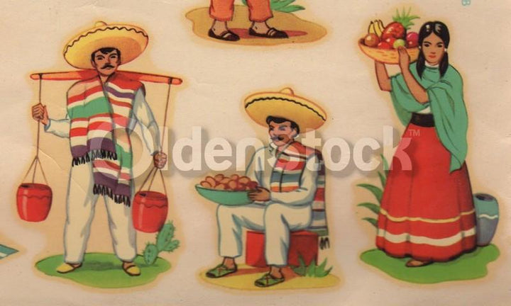Mexican Villagers Vintage 1940s Graphic Art Design Transfer Decals