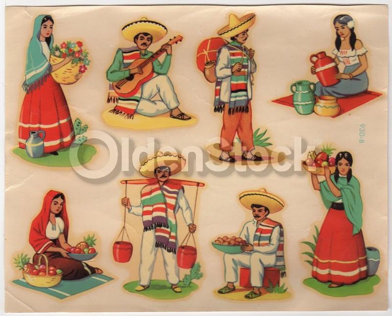 Mexican Villagers Vintage 1940s Graphic Art Design Transfer Decals