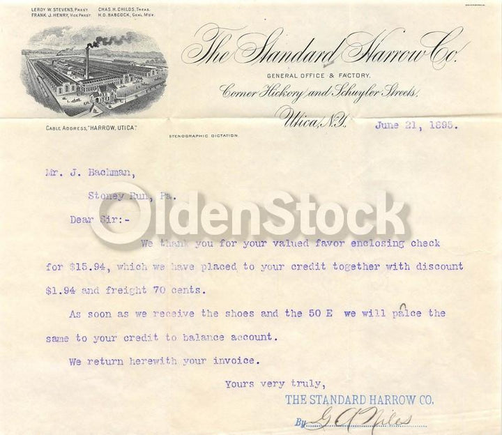 Standard Harrow Company Utica New York Antique Advertising Letterhead 1895