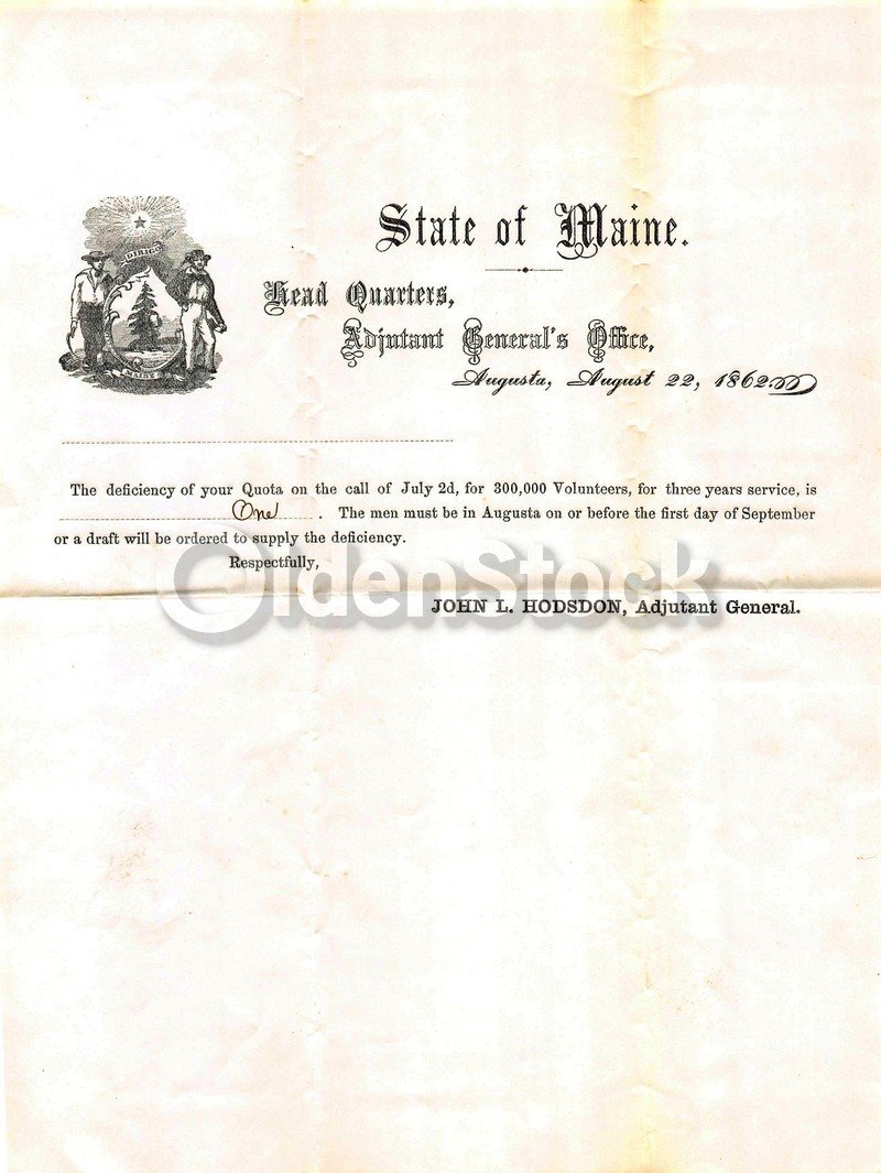 Maine Civil War Draft Recruiting Quota Original Military Document 1862