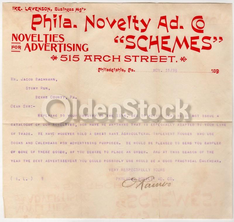 Philadelphia Novelty Advertising Company Rare Antique Salesman Letterhead 1892