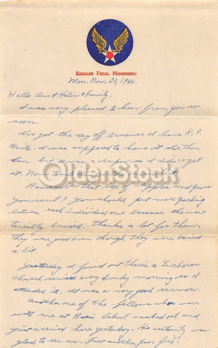 WWII Soldier's Handwritten Letter Home Kessler Field Mississippi 1944