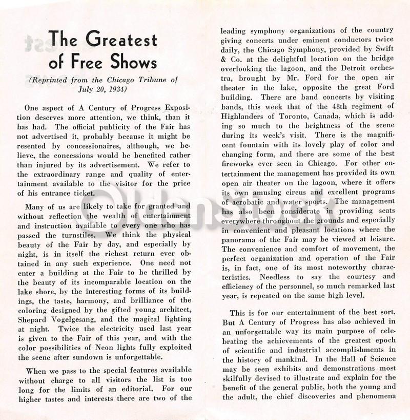 Chicago World's Fair Greatest of Free Shows Vintage Tribune Ad Flyer 1934