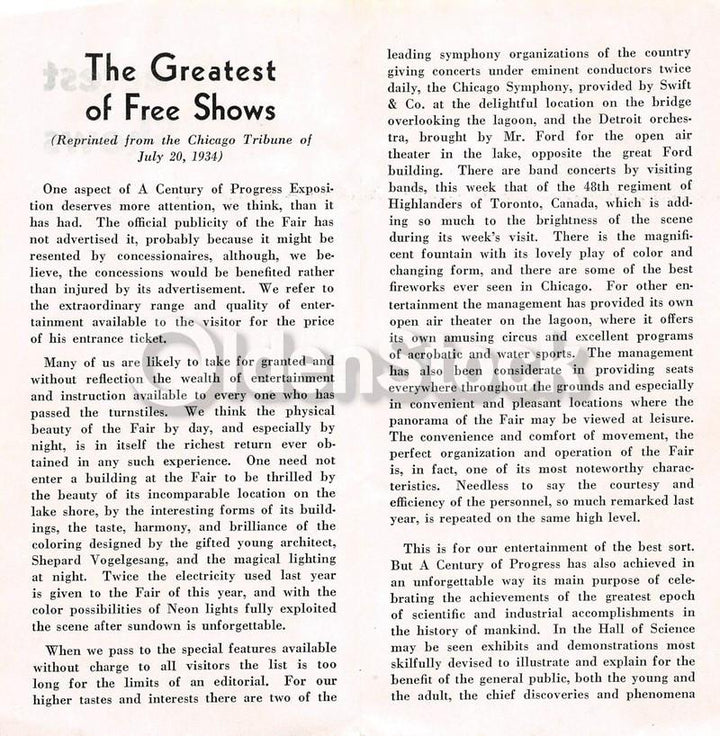 Chicago World's Fair Greatest of Free Shows Vintage Tribune Ad Flyer 1934