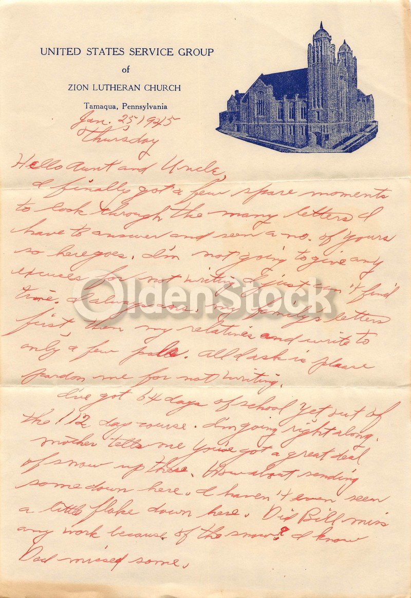 WWII Soldier's Handwritten Letter Home Zion Lutheran Church Tamaqua PA
